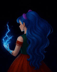 a drawing of a woman with blue hair holding a lightning bolt