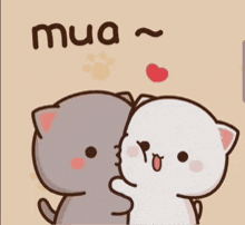 a couple of cartoon cats hugging each other with the word mua written on the bottom