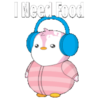 a cartoon penguin wearing headphones says " i need food " on a white background