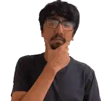 a man wearing glasses and a black shirt is thinking