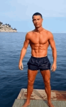 a shirtless man in black shorts is standing on a dock next to the ocean .