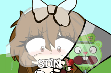 a cartoon drawing of a girl with a bow and the word son behind her