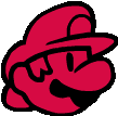 a red cartoon character with a hat and glasses on .