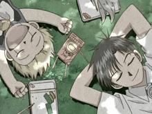 two anime characters are laying on the grass with their heads on their arms .