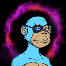 a blue monkey with a purple eye patch on his eye