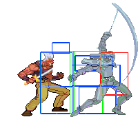 a pixel art drawing of a man holding a sword fighting another man