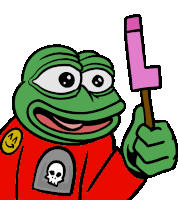 a green frog in a red jacket is holding a purple stick with the letter l on it