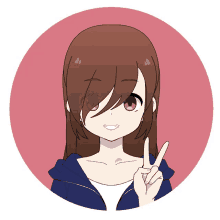 a cartoon girl with brown hair is giving a peace sign