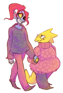 a drawing of two characters holding hands with one wearing a pink sweater with circles on it