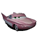 a pink car from the movie cars with green eyes is sitting on a white background .