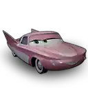 a pink car from the movie cars with green eyes is sitting on a white background .