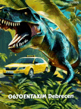 a painting of a taxi and a dinosaur that says luma on it