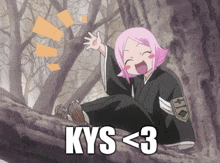 a girl with pink hair is sitting on a tree branch with the words kys < 3