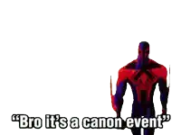 a spiderman is standing in front of a white background and saying `` bro it 's a canon event ''