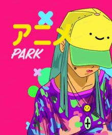 a cartoon of a girl wearing a hat with a smiley face on it and the words park on the bottom