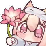 a girl is holding a pink flower in her hand .
