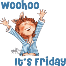 an illustration of a girl with her arms in the air and the words woohoo it 's friday