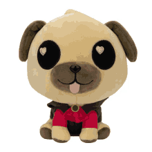 a stuffed pug dog wearing a red shirt and black jacket