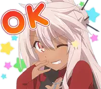 a girl with long white hair is surrounded by stars and the word ok is above her