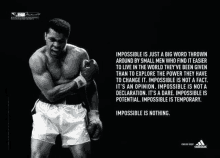 a black and white photo of muhammad ali with a quote about impossible