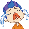 a cartoon boy with blue hair is crying with his eyes closed and tears running down his face .