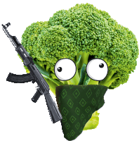 a broccoli head wearing a green bandana and holding an assault rifle