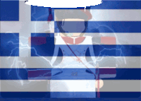 a cartoon character stands in front of a blue and white flag