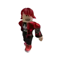 a roblox character with red hair and a red adidas shirt