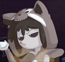 a cartoon character wearing a wolf costume holds a glass of wine