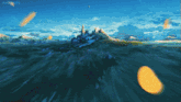 a painting of a castle in the middle of a body of water with the word samurai on the bottom
