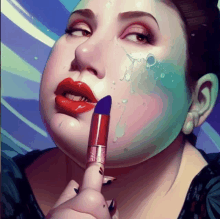 a painting of a woman with red lips holding a lipstick that says maybelline on it