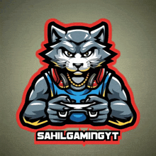 a sticker of a cat holding a video game controller with the words sahilgamingyt below it