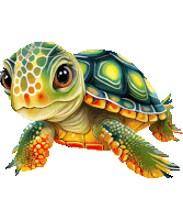 a turtle with a green and orange shell is swimming on a white background