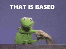 kermit the frog is holding someone 's hand in front of a sign that says " that is based "