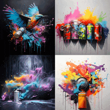 a painting of a bird and a painting of spray paint cans with the word jet on them