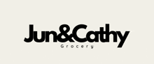 a black and white logo for jun & cathy grocery on a white background