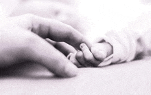 a person is holding a baby 's hand with their finger .