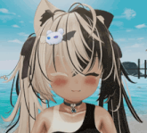 a close up of a girl 's face with a bat on her hair