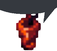 a pixel art drawing of a red object with a speech bubble above it