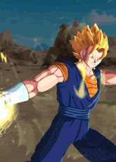 a cartoon character in a blue and orange outfit throws a beam