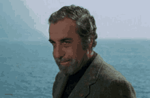 a man with gray hair and a beard is standing in front of the ocean .