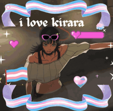 a poster that says i love kirara with a girl wearing pink sunglasses