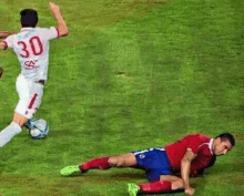 two soccer players are playing a game of soccer on a field . one of the players has the number 30 on his back .