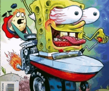 a cartoon of spongebob driving a boat with the word drag on it
