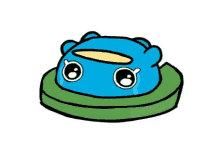 a cartoon drawing of a blue frog with big eyes on a green circle .