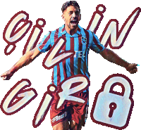 a soccer player in a blue and red striped shirt is surrounded by the words gilin girb