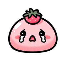 a cartoon strawberry with a sad face and a strawberry on top of it .