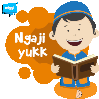 a cartoon of a boy reading a book with the words " ngaji yukk " above him