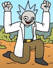 a cartoon of rick from rick and morty is kneeling down with his arms in the air