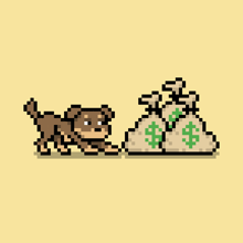 a pixel art drawing of a dog pulling two bags of money